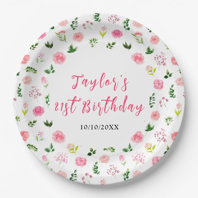 Pink Roses Floral Birthday Pappteller (Vorderseite)