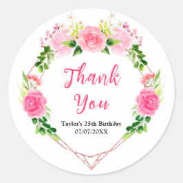 Pink Roses Floral Birthday Party Thank You Runder Aufkleber