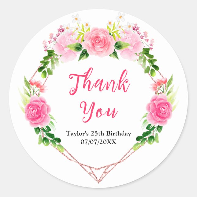 Pink Roses Floral Birthday Party Thank You Runder Aufkleber (Vorderseite)