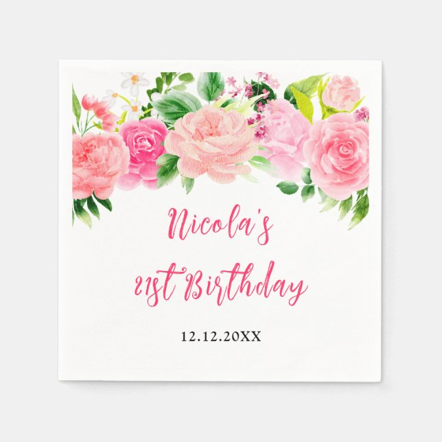 Pink Roses Floral Birthday Serviette (Vorderseite)