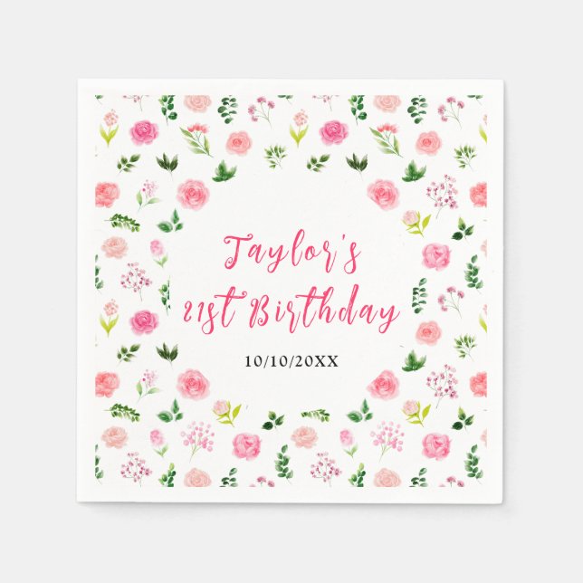 Pink Roses Floral Birthday Serviette (Vorderseite)
