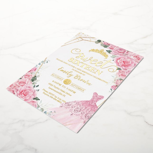 Pink Roses Floral Gold Princess Dress Sweet 16  Folieneinladung (Gedreht)