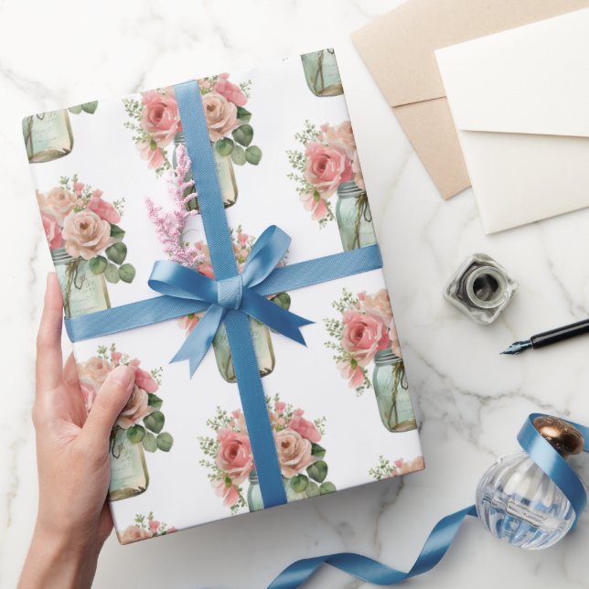 Pink Roses Floral Mason Jar Geschenkpapier (Schenken)