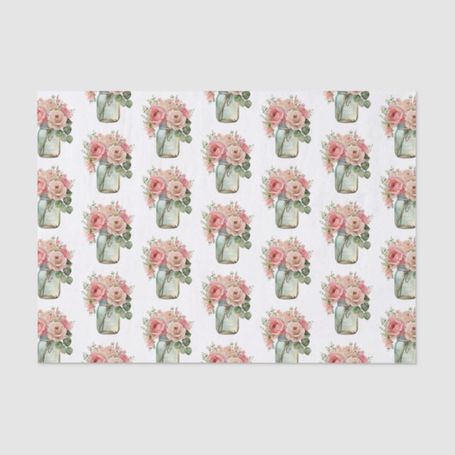 Pink Roses Floral Mason Jar Seidenpapier (Vorderseite)