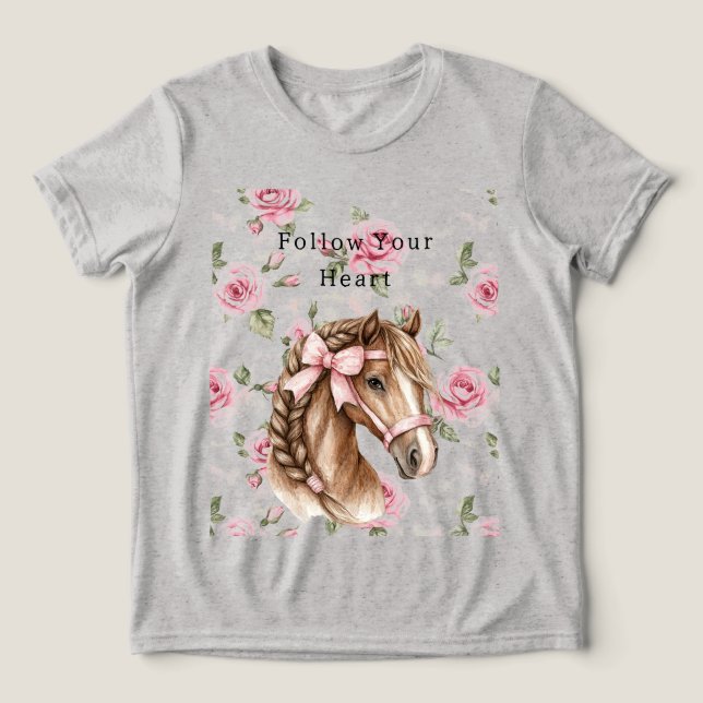 Pink Roses Floral Pretty Horse Pink Bow Tri-Blend Shirt (Design Vorderseite)