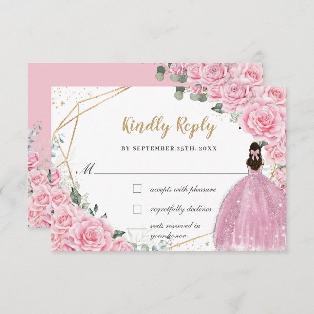 Pink Roses Floral Quinceanera Princess Dress Reply RSVP Karte (Vorne/Hinten)