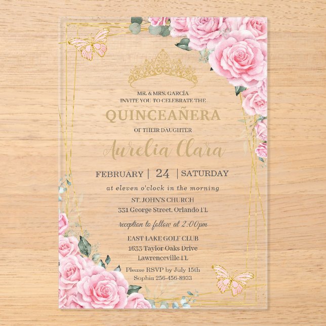 Pink Roses Floral Quinceanera Sweet 16 Butterflies Acryleinladungen (Vorderseite)