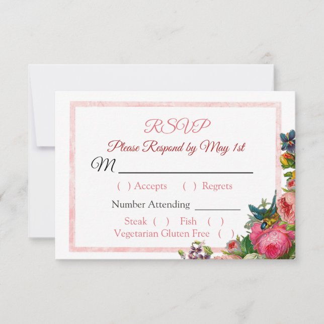 PInk Roses Floral Striped Wedding RSVP Karte (Vorderseite)