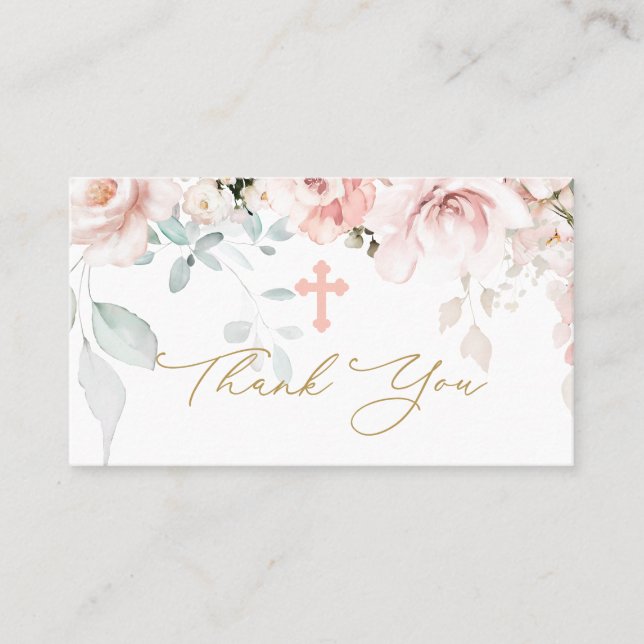 Pink Roses Foliage Taufe Danke Business Card Visitenkarte (Vorderseite)