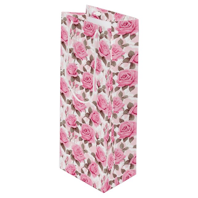 Pink Roses Geschenktasche Geschenktüte Für Weinflaschen (Vorderseite Schrägansicht)