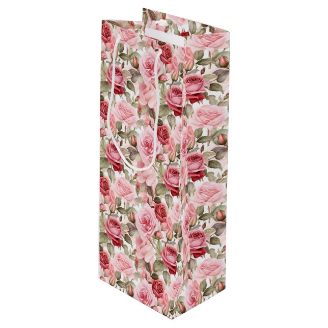 Pink Roses Geschenktasche Geschenktüte Für Weinflaschen (Vorderseite Schrägansicht)