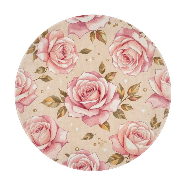 Pink Roses Golden Leaves Pattern Schneidebrett (Vorderseite)