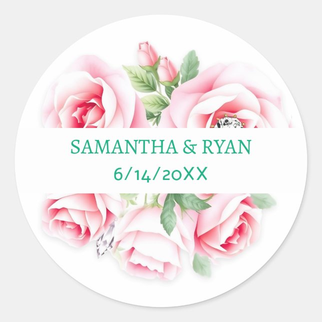 Pink Roses & Green Foliage Wedding Personalized Runder Aufkleber (Vorderseite)