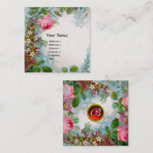 PINK ROSES, JASMINES RED GEM MONOGRAM Luxury White Quadratische Visitenkarte
