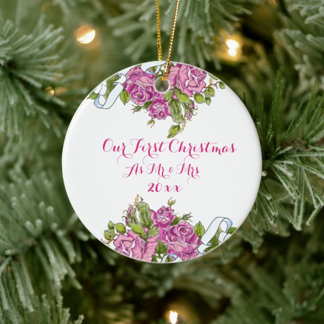 Pink Roses Mr. und Mrs. First Christmas Ornament (Baum)