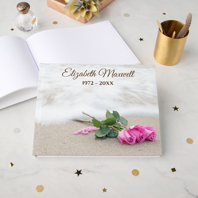 Pink Roses On Beach for Memorial Service Gästebuch (Vorderseite Offen)