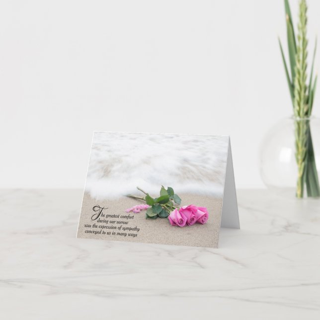 Pink Roses On Beach Sand Beileid Danke Karte (Vorderseite)