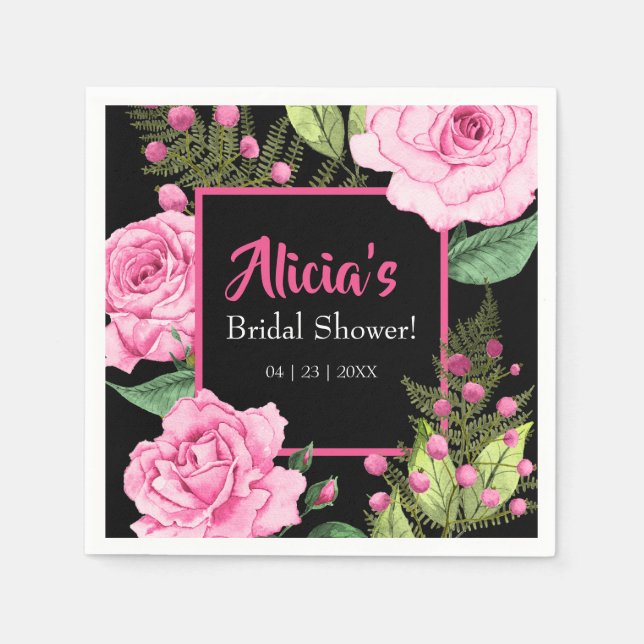 Pink Roses on Black Bridal Shower Napkins Serviette (Vorderseite)