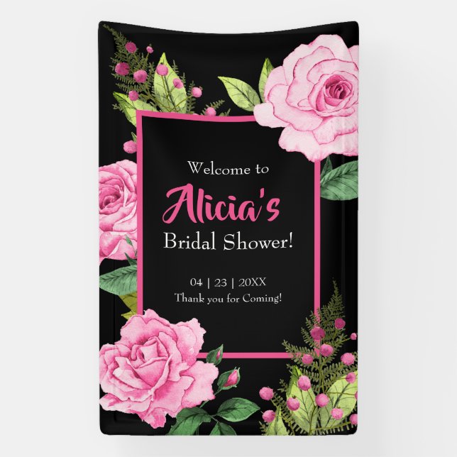 Pink Roses on Black Bridal Shower Vertical Banner (Vertikal)