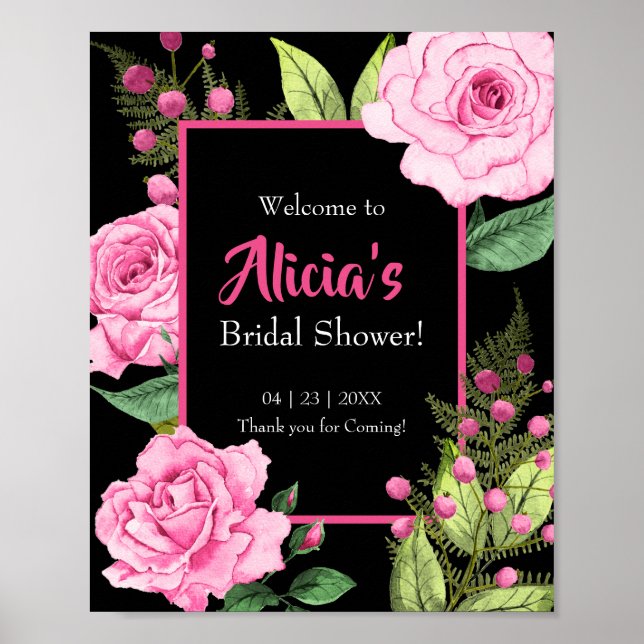 Pink Roses on Black Bridal Shower Welcome Poster (Vorne)