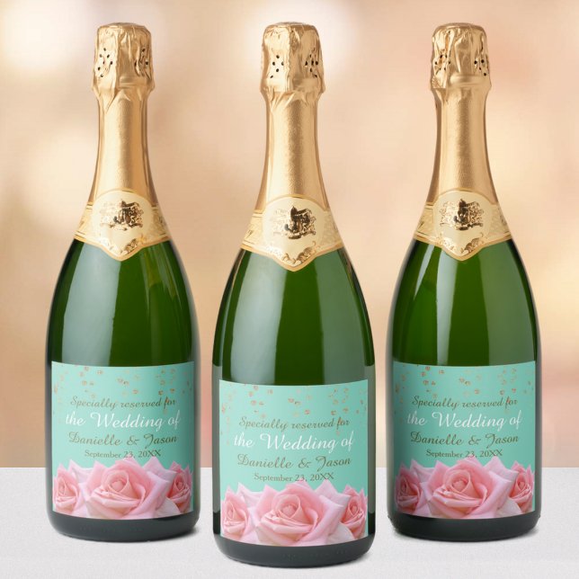 Pink Roses on Glitzy Aqua Sparkling Wine Label (Von Creator hochgeladen)