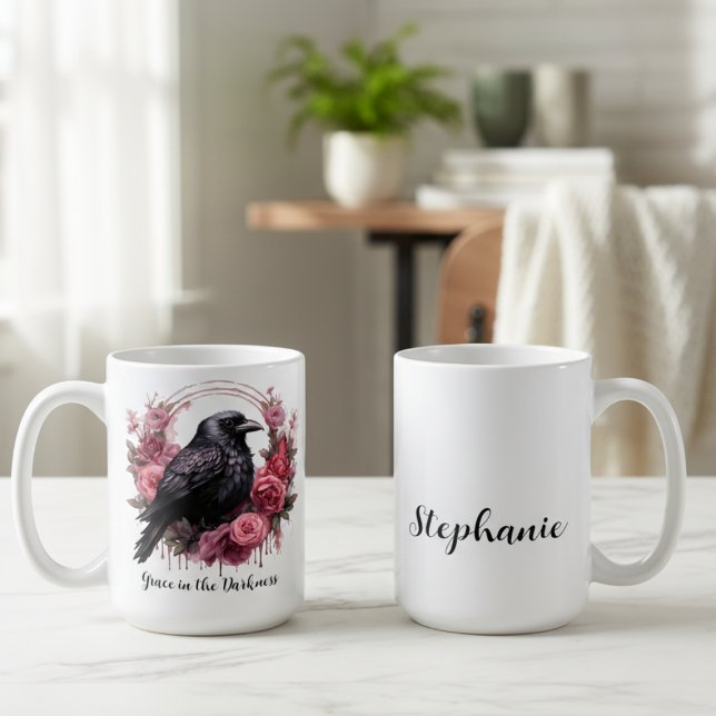 Pink Roses Raven Kaffeetasse (Floral black raven personalized coffee mug)