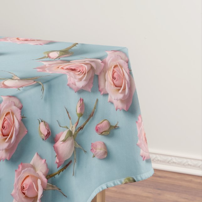 Pink Roses Scattered Across Light Blue Background Tischdecke (Beispiel)