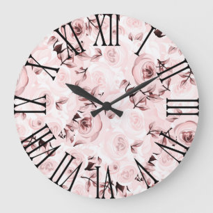 Pink Roses Shabby Chic Glam Floral Decor Große Wanduhr