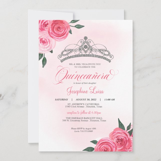 Pink Roses Silver Tiara Quinceañera Watercolor Einladung (Vorderseite)