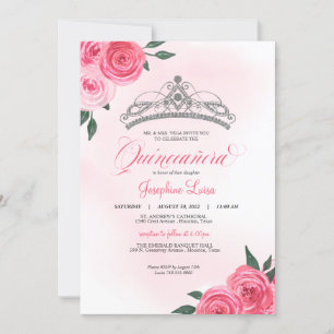 Pink Roses Silver Tiara Quinceañera Watercolor Einladung