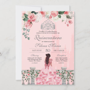 Pink Roses Silver Tiara Royal Princess Quinceañera Einladung