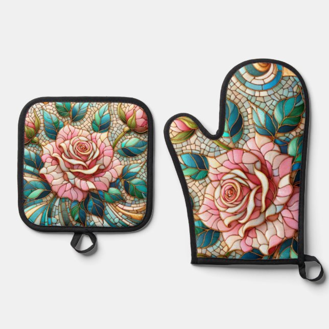 Pink Roses Stained Glass Mosaic Ofenhandschuh & Topflappen-Set (Vorderseite)