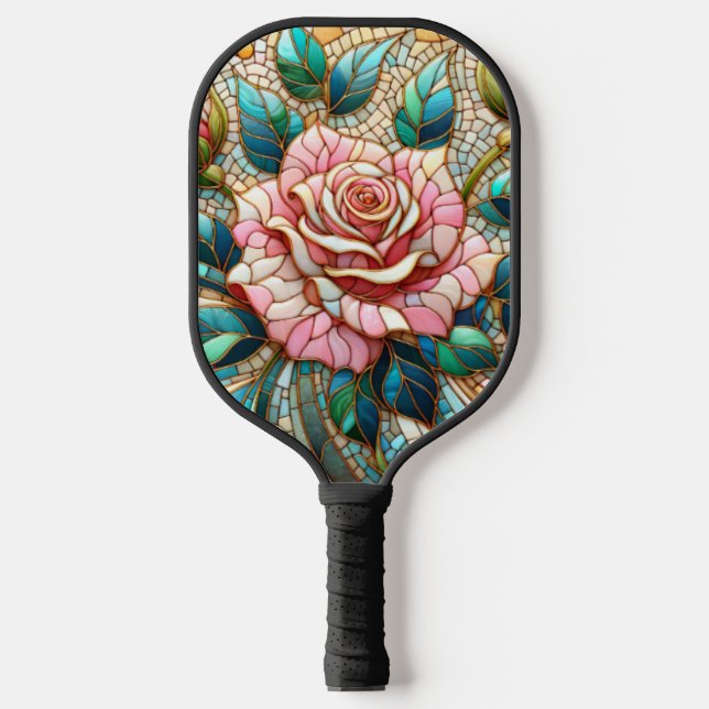 Pink Roses Stained Glass Mosaic Pickleball Schläger (Vorderseite)
