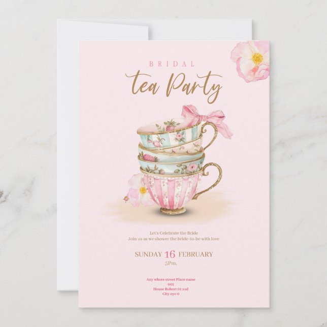 Pink roses tea party bridal shower chic invitation einladung (Vorderseite)
