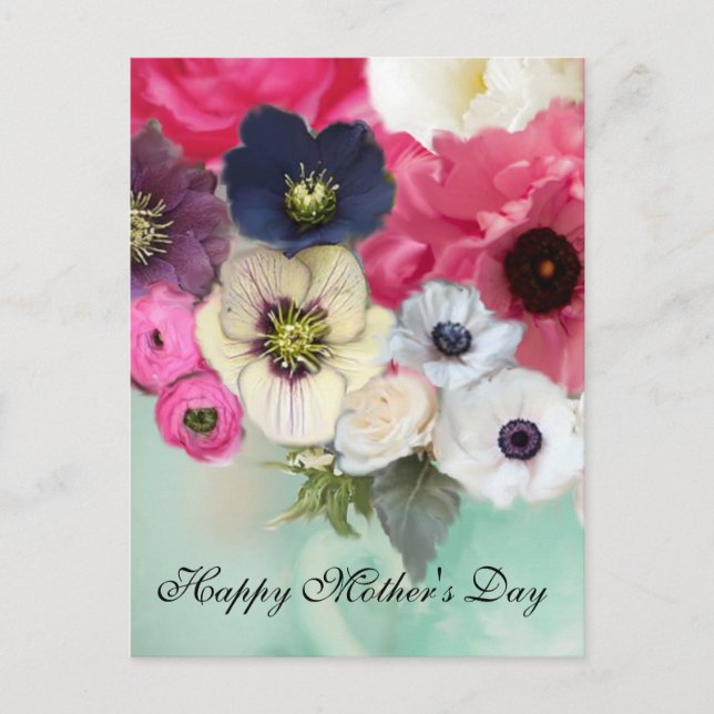 PINK ROSES UND ANEMONE BLUME MUTTERTAG POSTKARTE (Vorderseite)