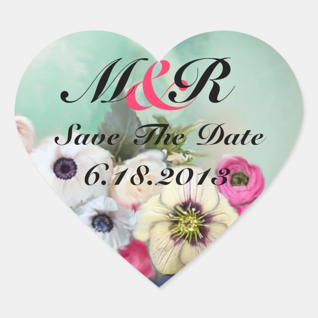 PINK ROSES UND ANEMONE BLUME Save the Date Herz Herz-Aufkleber (Vorderseite)