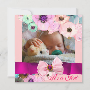 PINK ROSES UND BOW BABY SHOWY FOTOVORLAGE EINLADUNG