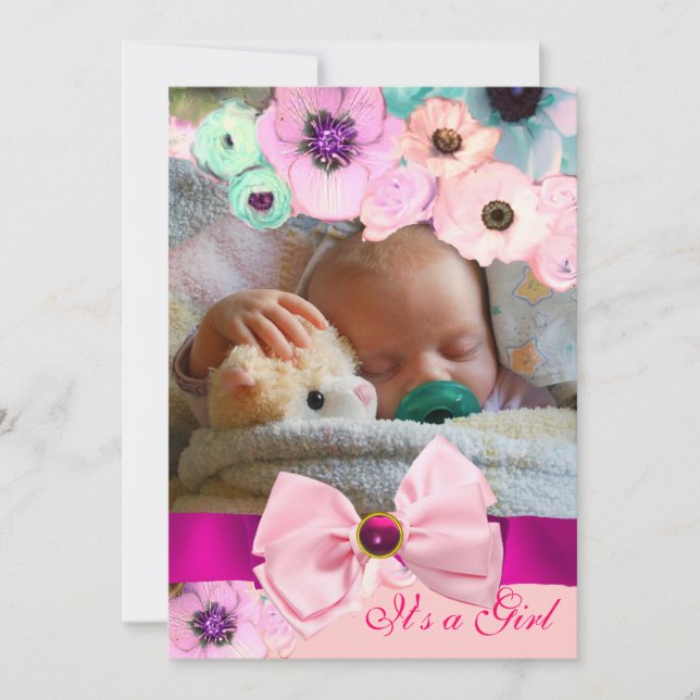 PINK ROSES UND BOW BABY SHOWY FOTOVORLAGE EINLADUNG (Vorderseite)