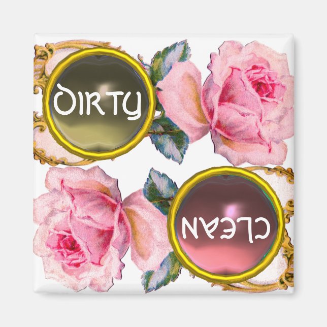 PINK ROSES UND GEM STEINE DIRTY CLEAN DISHWASHER MAGNET (Vorne)