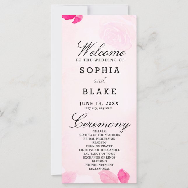 Pink Roses und Greenery Pink Hochzeitsprogramm (Vorderseite)