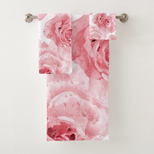 Pink Roses Watercolor Floral Blush Botanical Badhandtuch Set (Insitu)