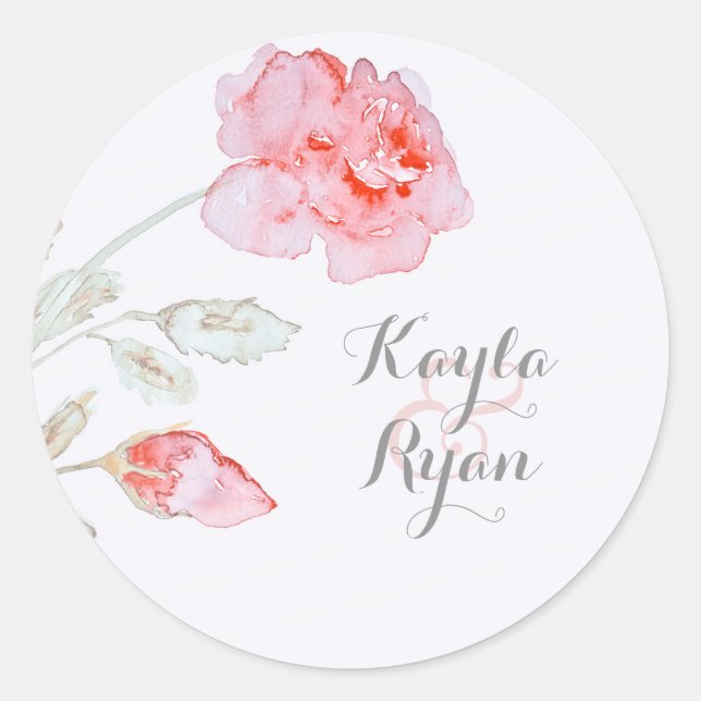 Pink Roses Watercolor Hochzeit Runder Aufkleber (Vorderseite)