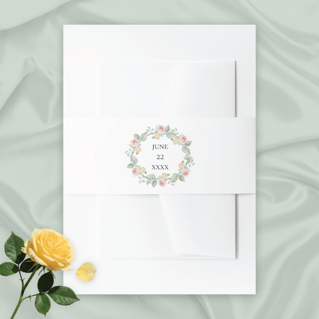 Pink Roses Watercolor Wreath Wedding Einladungsbanderole (Von Creator hochgeladen)