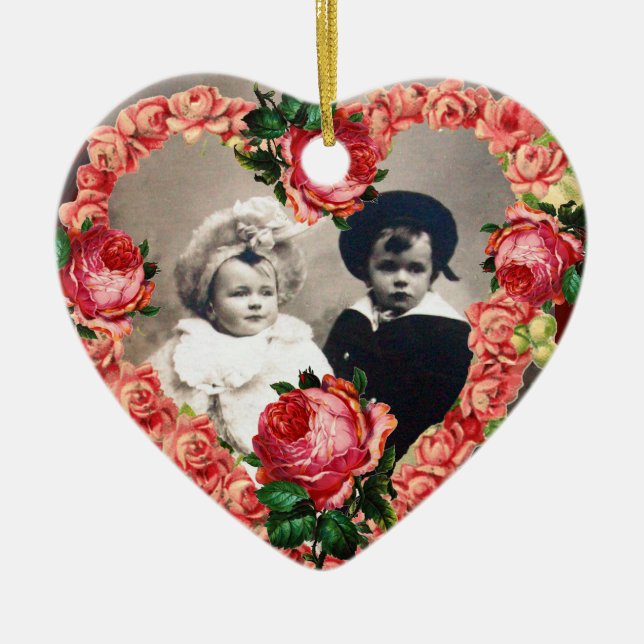 PINK ROSES WEDD HERZFOTO TEMPLATE MONOGRAM KERAMIKORNAMENT (Vorne)