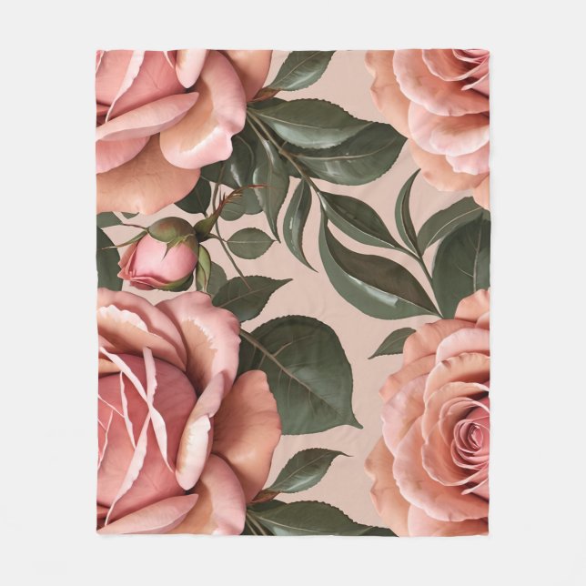 Pink Roses With Brushstroke Leaves  Fleecedecke (Vorderseite)