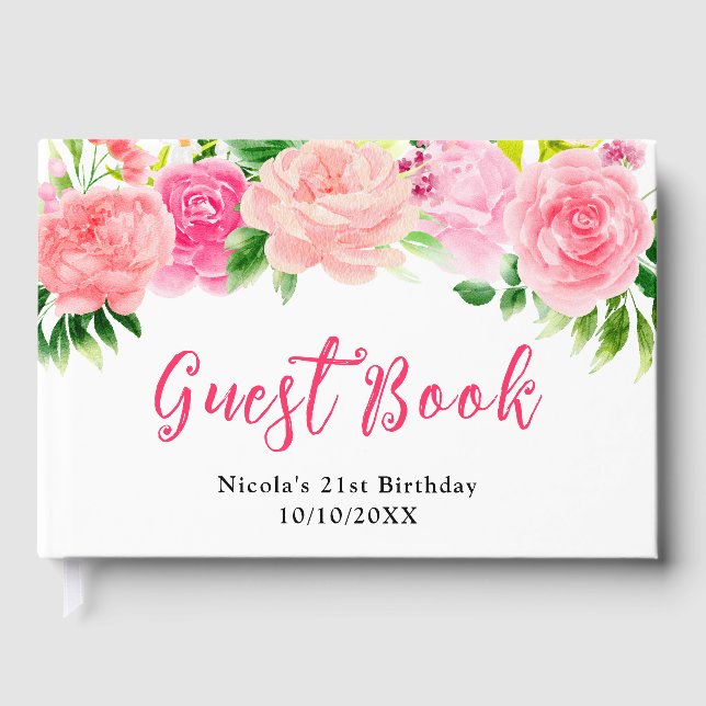 Pink Roses with Foliage Birthday Gästebuch (Vorderseite)