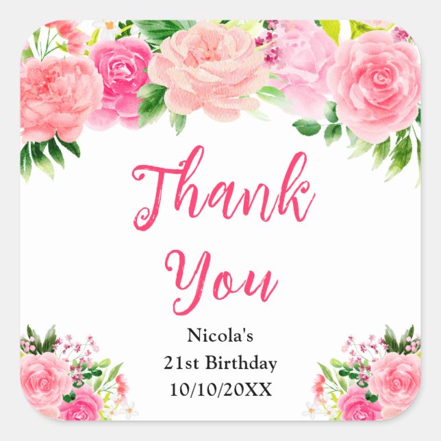 Pink Roses with Foliage Birthday Thank You Quadratischer Aufkleber (Vorderseite)