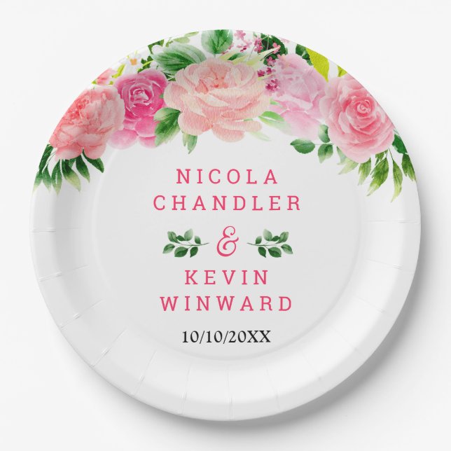 Pink Roses with Foliage Wedding Pappteller (Vorderseite)