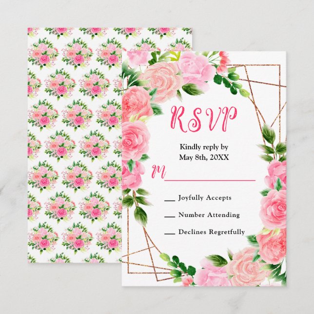 Pink Roses with Foliage Wedding RSVP Karte (Vorne/Hinten)