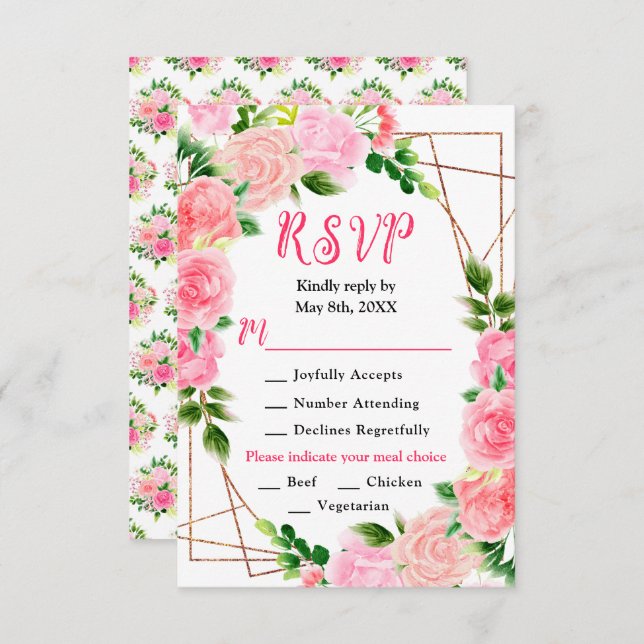 Pink Roses with Foliage Wedding RSVP Karte (Vorne/Hinten)